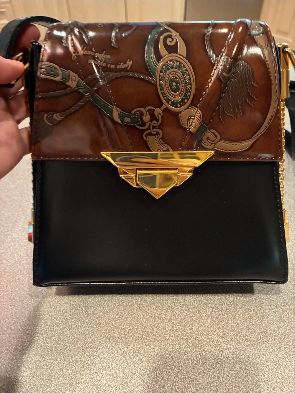 Elegant Black and Brown Leather Crossbody Key & Card Holder with Gold Hardware